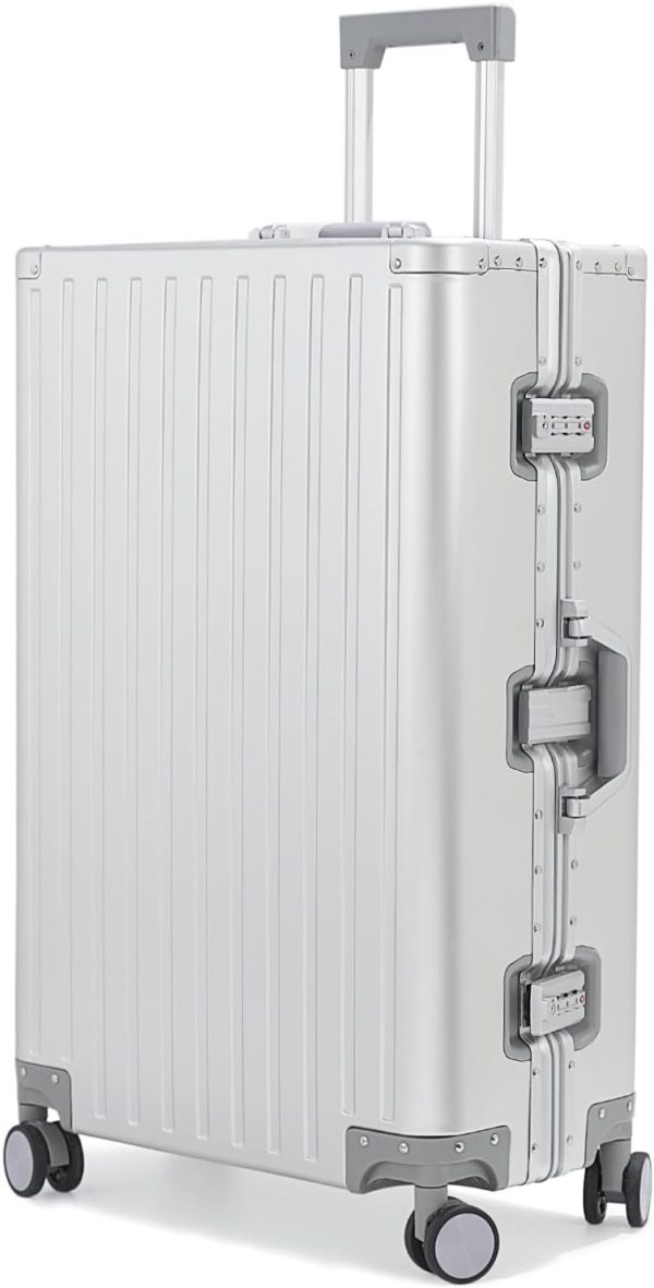 28-inch Aluminum Checked Suitcase: Silver - Full Metal Shell - Crush-Resistant & Burst-Proof,  & Spinner Wheels for Business Travel - Men Women