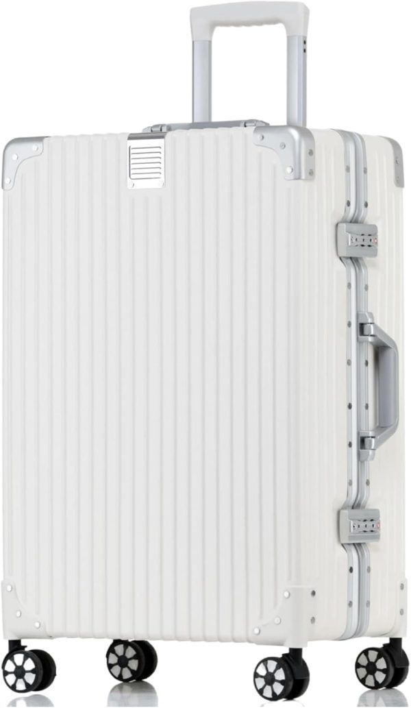 24 Inch Checked in Luggage with Aluminum Frame,PC Hard Shell Suitcase with Spinner Wheels and , Large Suitcase for Travel, White