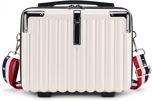Mini Suitcase Hard Shell Makeup Bag Travel Cosmetic Case Portable Makeup Luggage with Shoulder Strap for Women, Whie
