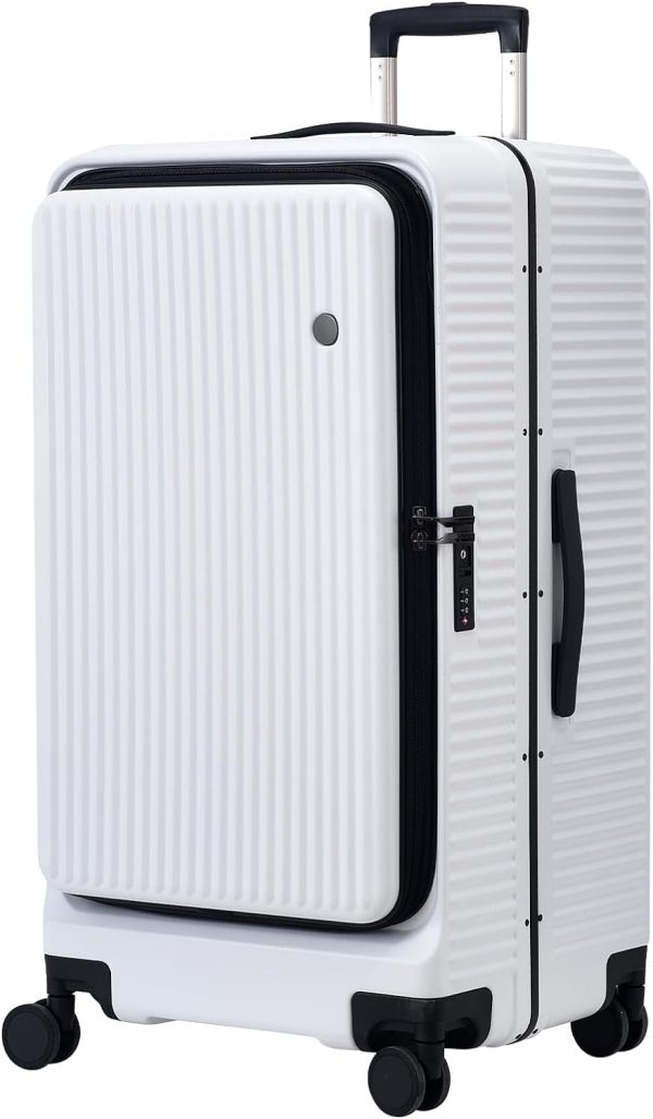 29 Inch Aluminum Checked Luggage with Side Opening Zipper, 40 * 37 * 77cm, 113L, Lightweight Hardshell ABS+PC Suitcase with , 360° Universal Wheels, White