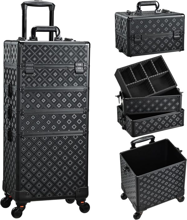 4 in 1 Rolling Makeup Trolley Train Case Cosmetic Suitcase Nail Tech Box for Makeup Artist, Hairstylists, Nail Tech Case with with Keys Swivel Wheels Traveling Trunk, Shine Grid, Rolling Makeup