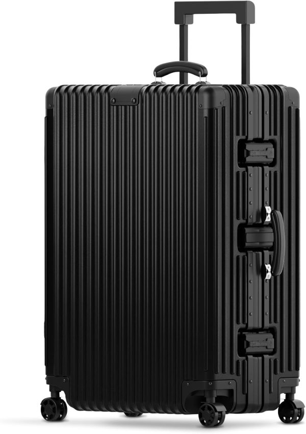 29 Inch Check-In Luggage - Polycarbonate Hard Shell Suitcase with Aluminum Corners, Smooth-Rolling Wheels, Leather Handle, Aluminum Frame Luggage, Zipperless  (Black, 29 Inch Check-In)