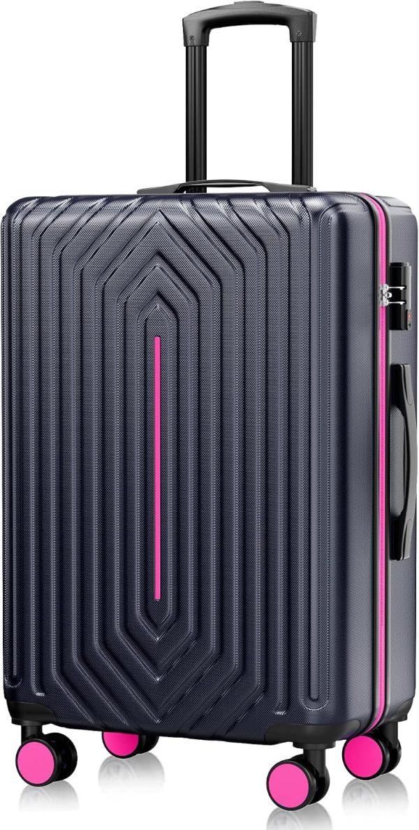 28 inch Luggage Hardside and Lightweight Suitcase with Spinner Wheels  for Travel Business,Rose Red With Dark Blue