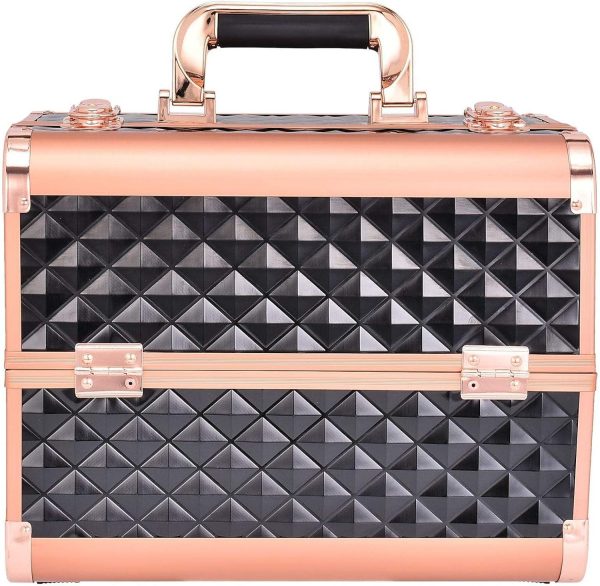 fessional Makeup Box Cosmetics Case Jewelry Organiser Vanity Make Up Storage Box Beauty Train Case Lockable with Keys (41-10), Black & Gold, Cosmetic Bag
