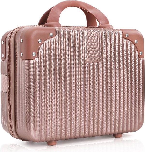 Hard Shell Cosmetic Travel Case, 12 Inch Portable Travel Hand Luggage with Elastic Band, Mini  Carrying Makeup Case Suitcase Train Cosmetic Bag for Travel, Camping, Business Trip, Rose Gold,